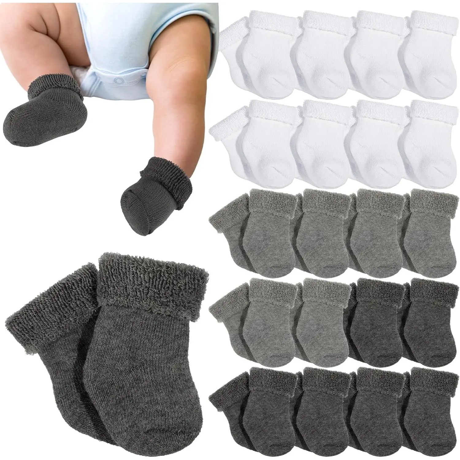 Unisex Preemie Fit Terry Fabric Baby Socks, 20-Pair Set for Newborn Premature Boys and Girls, Pairs Set