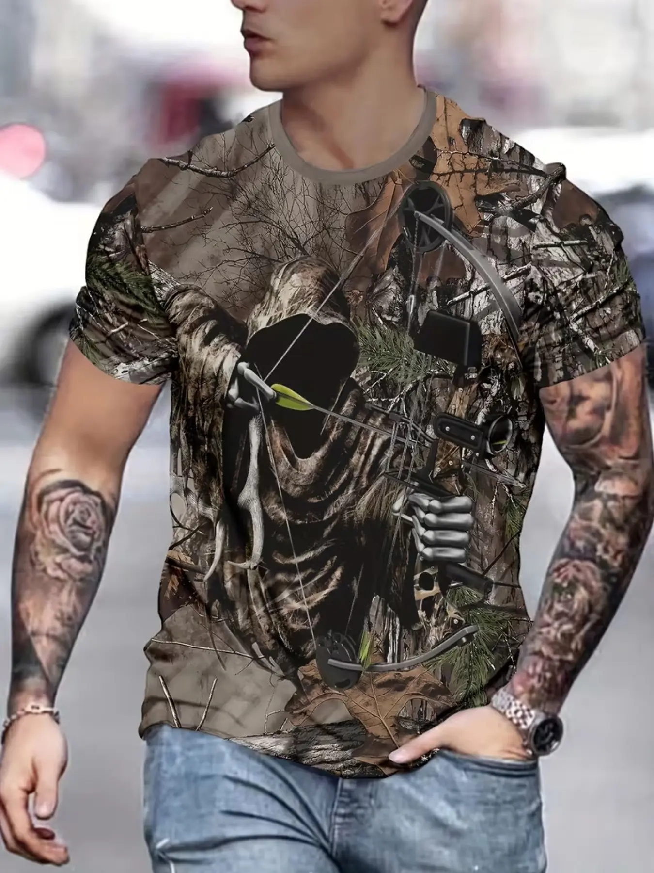 Men's 3D Short Sleeve T-Shirt, Menswear, Casual All-Over Print, Streetwear, Slim-Fitting, No Collar, Without Zipper, Suitable for All Seasons