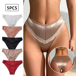 Low-waist 5 Pcs Women Underpants Advanced Light Seamless Floral Lace Trim Silky Stretchable Panties Women Mother's Day Gifts Underwear Women Honeymoon Wedding Night Thong Fashion Comfy Lightweight Bridal