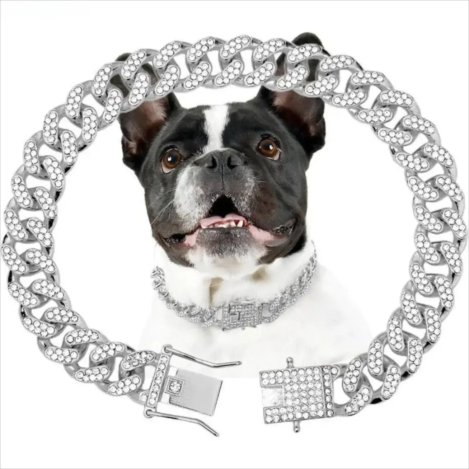 Silver Diamond Cuban Link Dog Chain Collar – 12mm Wide Crystal Metal Pet Necklace, Stylish Cuban Link Pet Collar Jewelry for Small, Medium & Large Dogs and Cats