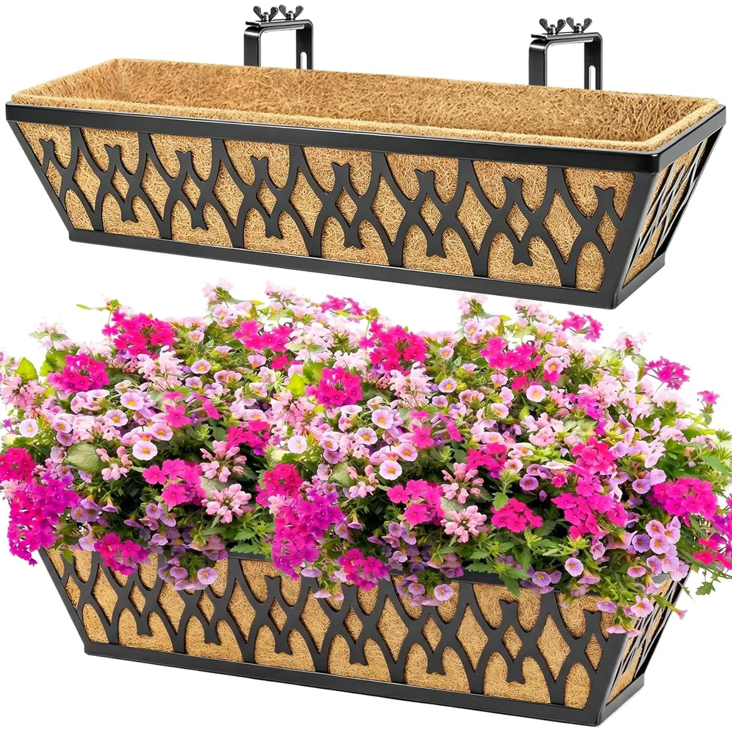 2-Pack 24x7x5.5" Carbon Steel Window Box Planters with Adjustable Brackets, Coco Liners for Gardening Enthusiasts - Black Hanging Basket for Porch Railing, Outdoor Decor