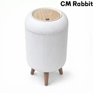 CM Rabbit Ribbed Round Press Top Trash Can with Wooden Tripod Legs, Light Luxury Lidded Odor Proof Waste Bin with Liner Retaining Ring, Decorative Garbage Bin for Living Room Bedroom Bathroom Small Apartment