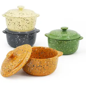 Ceramic Mini Cocotte Set of 4 for Oven, 10 Oz Small Casserole Dishes with Handles and Lid, Individual Serving Pot for Souffle, Soup, Cobbler, Stoneware Baking Ramekins, Assorted Colors