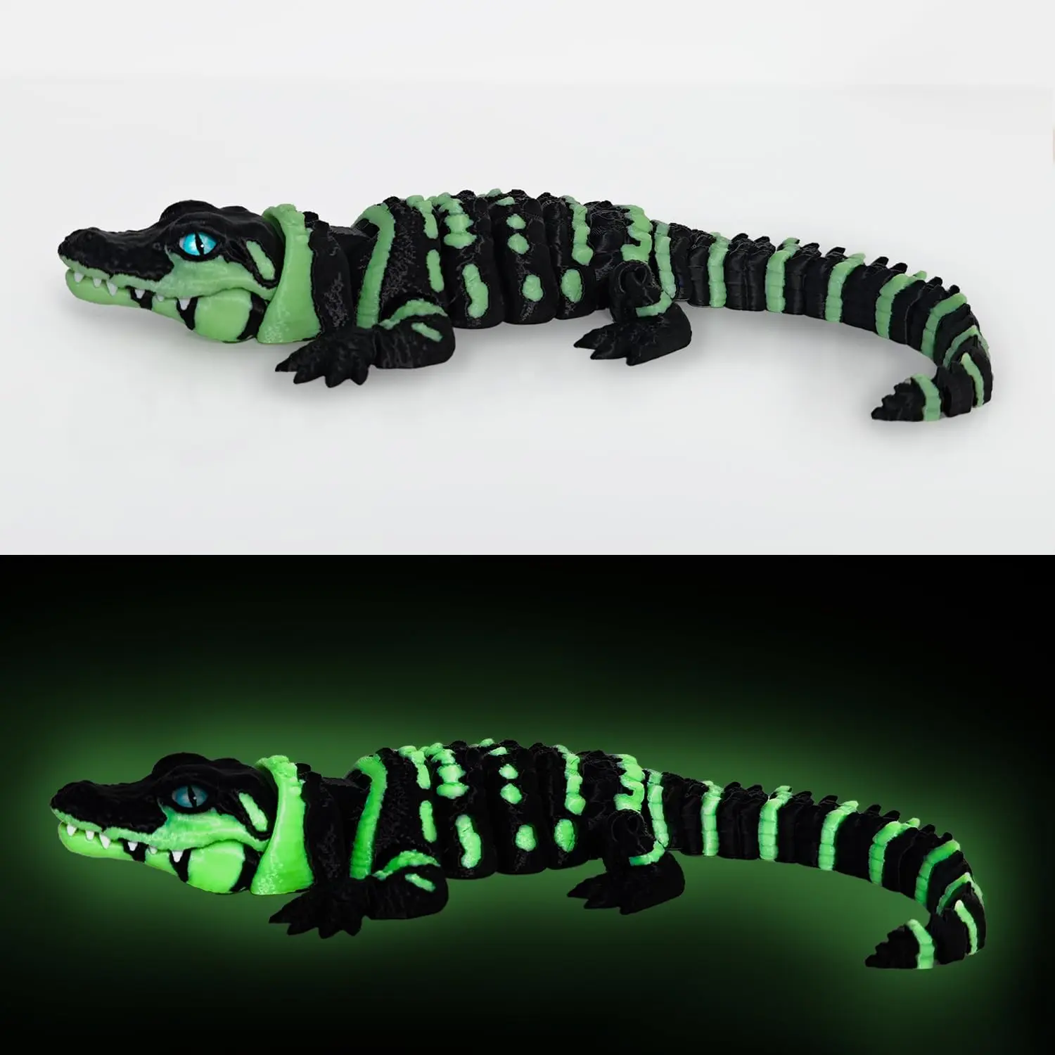 3D Printed Articulated Crocodile - Opening Mouth and Glass Eyes - Flexible Joint Animal Models - Surprise Gifts for Fidget Enthusiasts - Fluorescent Greenfidget toys
