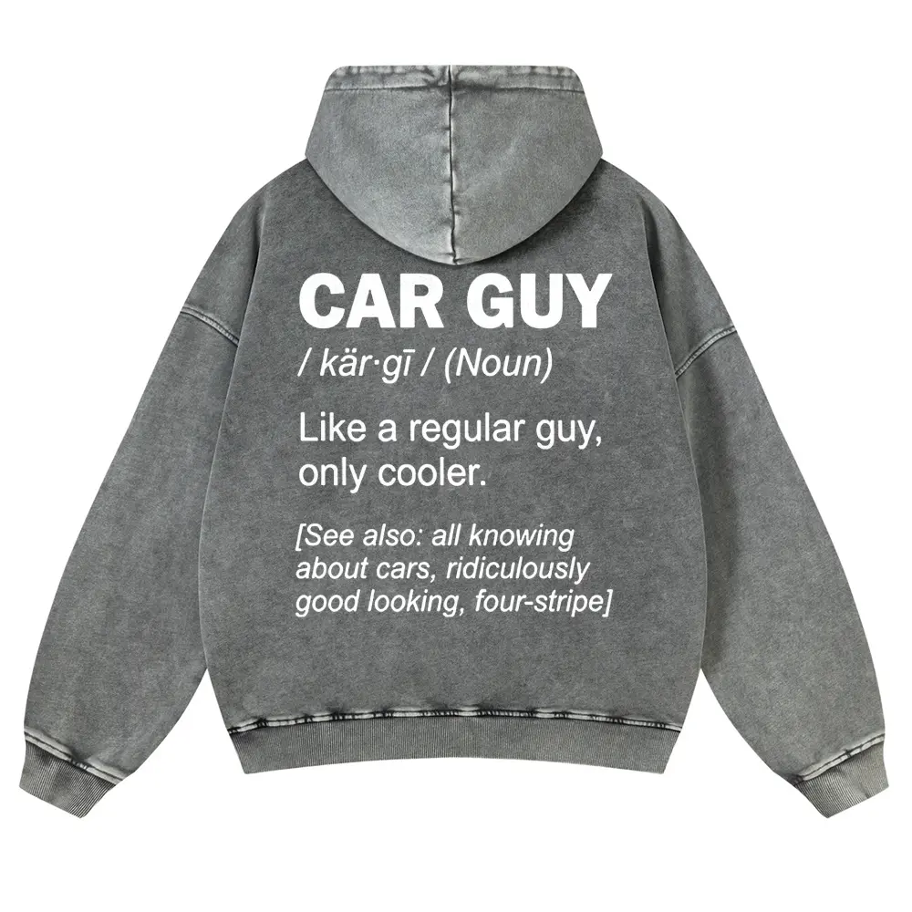 Vintage Mineral Wash Grey Graphic Hoodie | Unisex Oversized "Car Guy Definition" Streetwear Pullover | Funny Car Guy Gift JDM Muscle Car Sweatshirt Y2K Aesthetic
