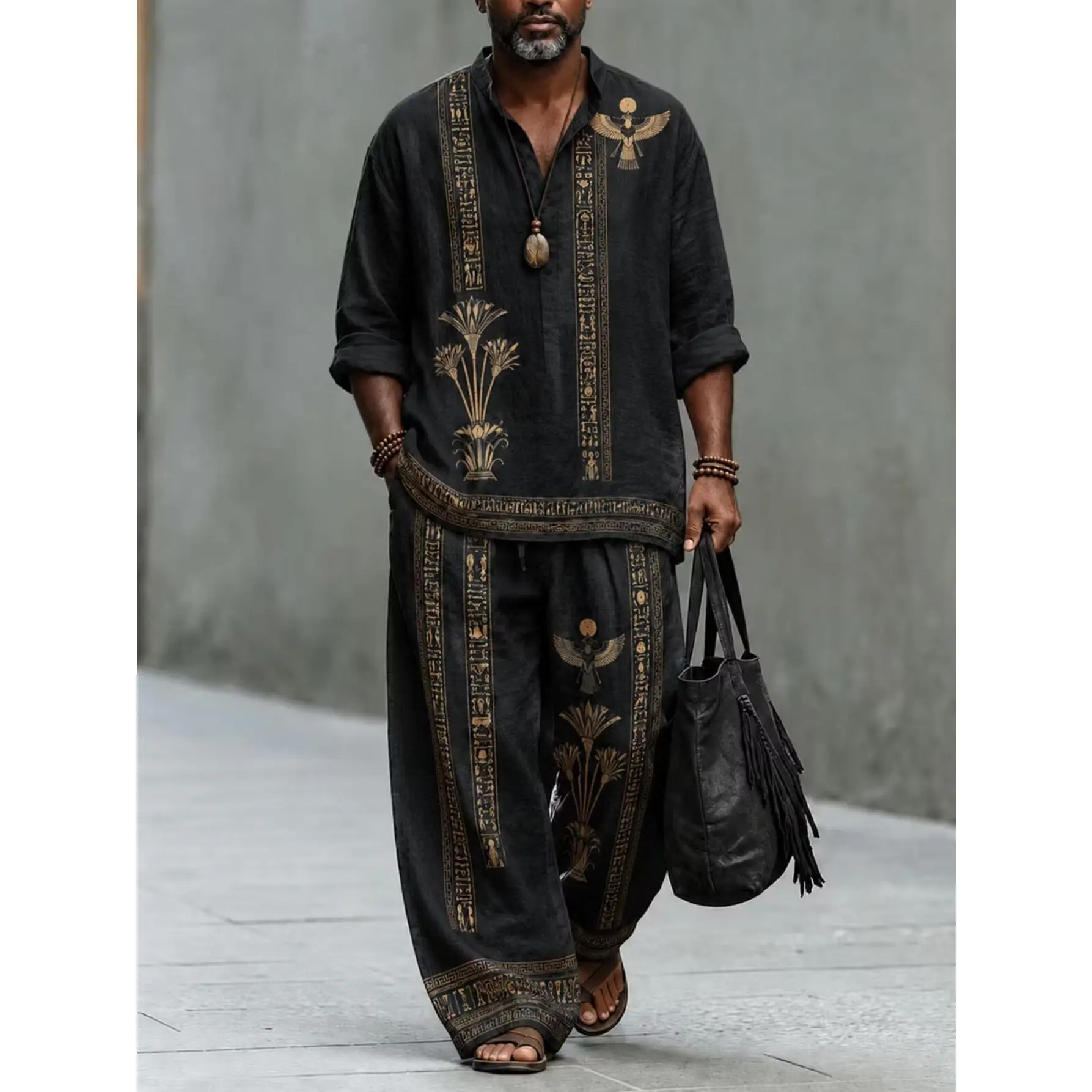 Men's 2-Piece Linen Co-ord - Stand Collar Half-Placket Long-Sleeve Shirt, Drawstring Wide-Leg Pants, Ancient Egyptian Totem Print, Loose Bohemian Casual Outfit