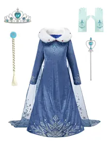 Girls' Blue Dress, Snow Queen Princess Costume, Halloween Stage Performance, Long Sleeve Floral Party Dress with Cape Accessory