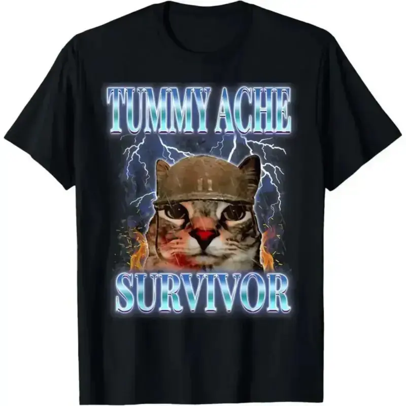 Tummy Ache Survivor Cat T-Shirt - Funny Silly Cat Meme Graphic Tee - Irony Aesthetic Soldier Cat Top - Unhinged Gen Z Humor Apparel - 100% Cotton Casual Short Sleeve Clothing estado merch Unisex Vintage target bacon good Grunge Album men
