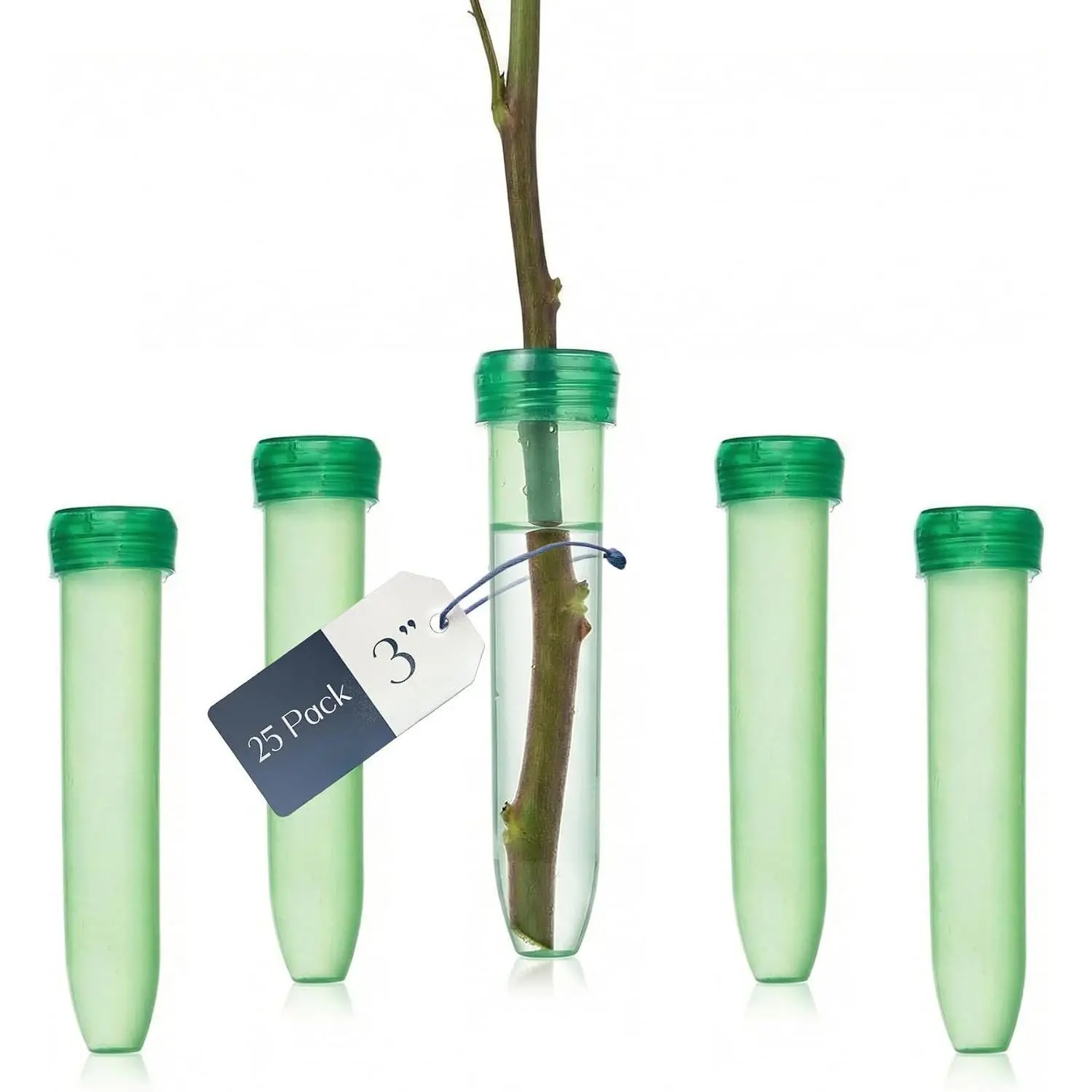 Floral Water Tubes with Caps – 3" Green Plastic Flower Vials for Single Stem Roses, Buds, Bouquets – Standard Style, 1/2" Opening – 25 Pack