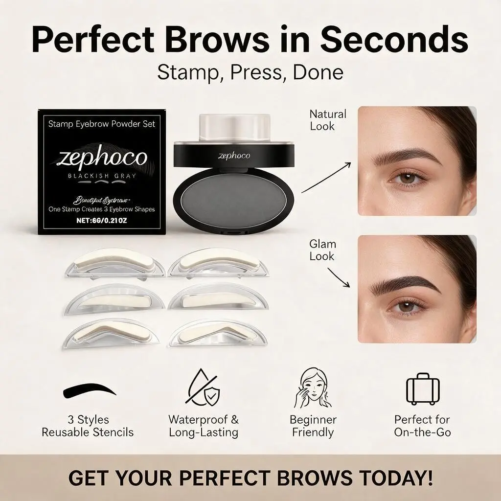 Zephoco One Step Eyebrow Stamp Powder Kit with 6 Reusable Brow Stencils, Waterproof Sweatproof Smudge Proof Long Lasting Brow Shaping Makeup Tool for Makeup Beginners Lazy Daily Travel Makeup