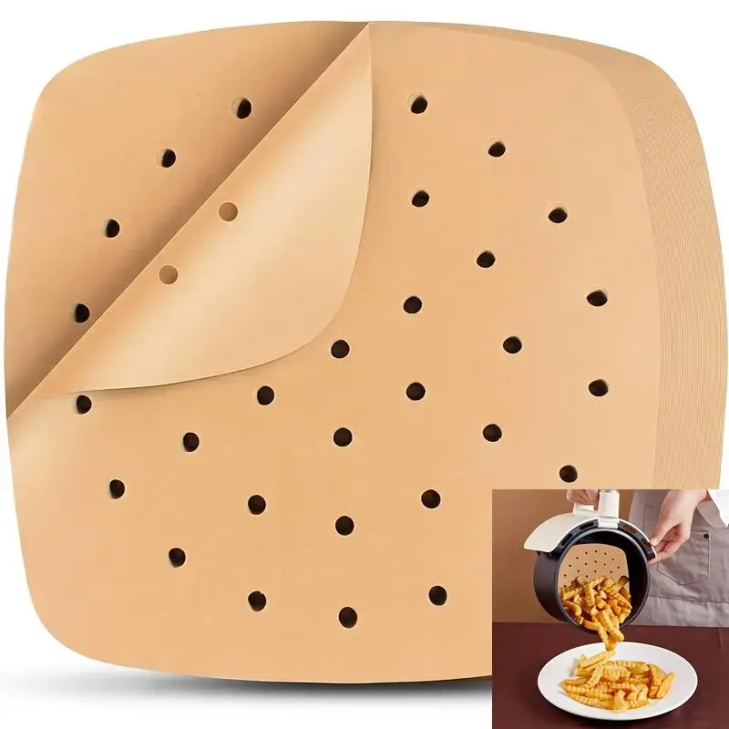 Disposable Perforated Square Parchment Paper for Air Fryers - 50/100pcs Natural Color Brown Kitchen Bakeware, Easy to Clean, Ideal for Pot Use