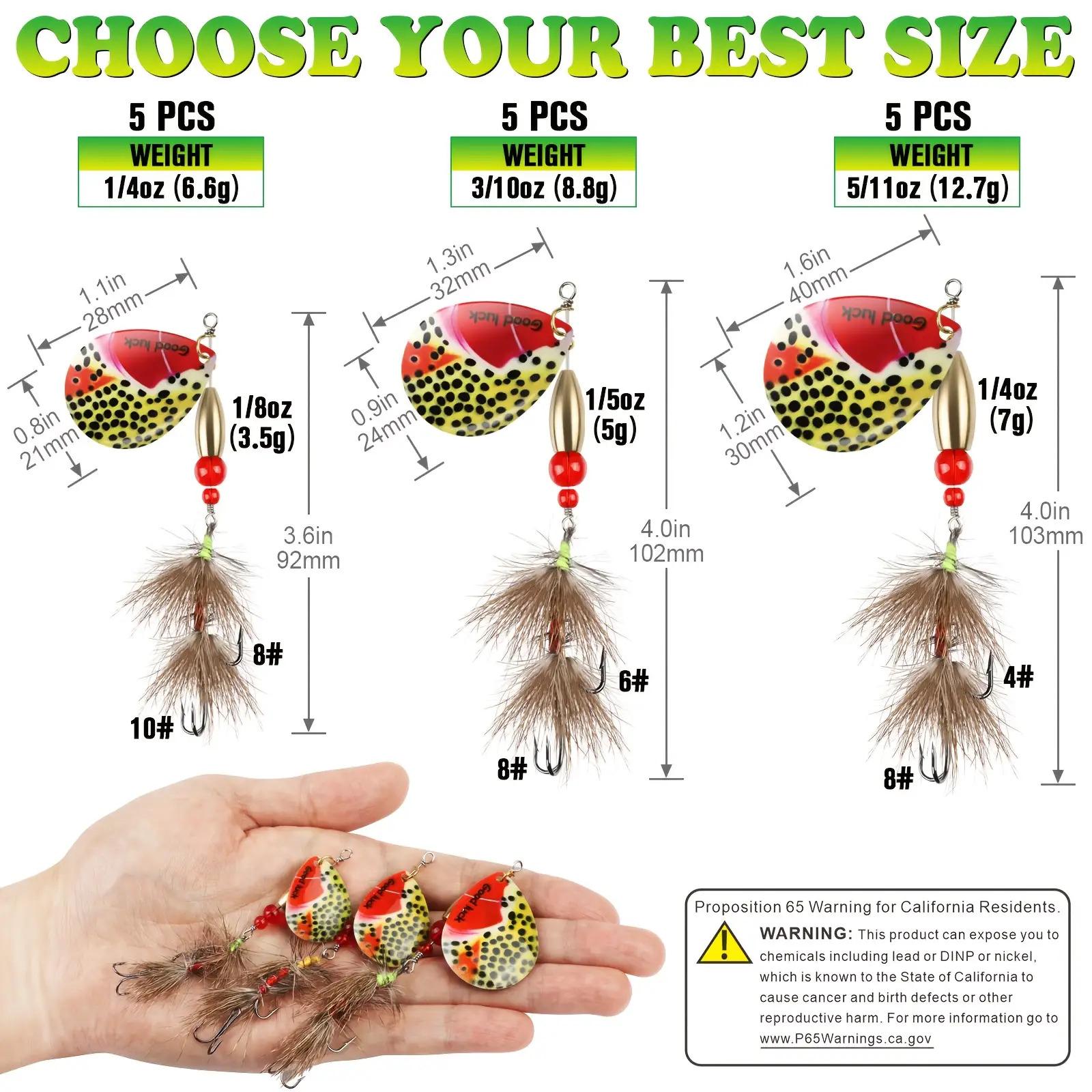 5pcs Spinner Baits Trout Lures for Bass Pike Crappie Trout Fishing Lures 1/4oz 3/10oz 5/11oz Inline Spinner Baits Kit with Tackle Box Fishing Gift