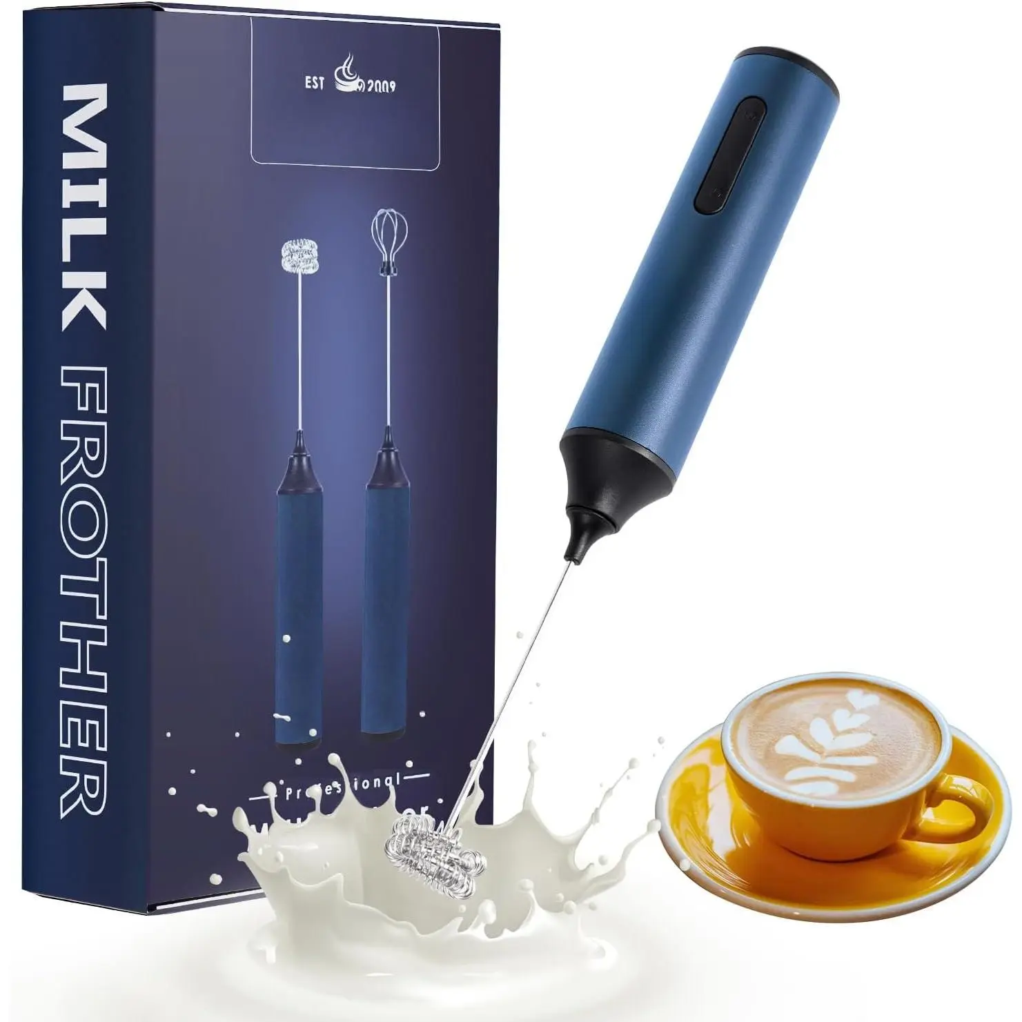 MF05 Rechargeable Milk Frother USB  Handheld  Maker with Stainless Balloon Whisk for Cappuccino, Latte, Bulletproof Coffee, Keto Diet, , Matcha (Navy Blue)