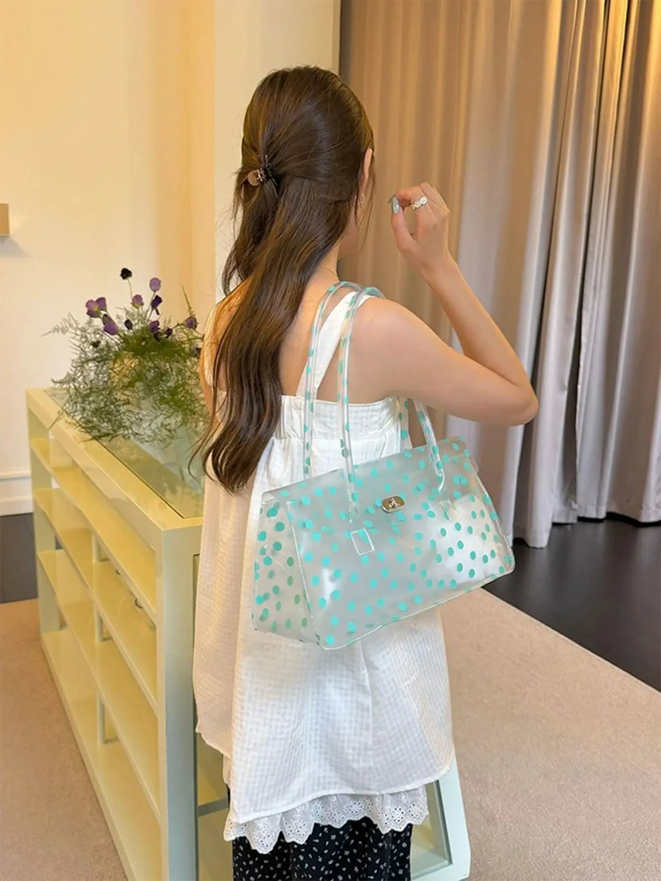 2026 New Fresh Polka Dot PVC Flap Jelly Bag, Transparent Horizontal Summer Shoulder Underarm Handbag, Clear Purse