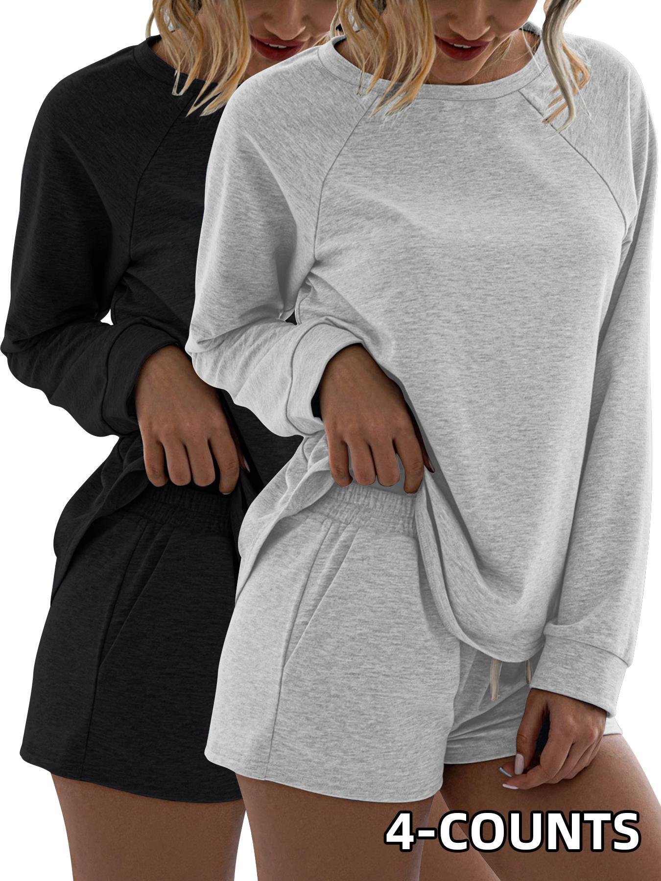 Women's Solid Tee & Drawstring Waist Shorts Set, Casual Sporty Round Neck Long Sleeve Top & Pocket Design Shorts, Ladies Sportswear for Indoor Outdoor Wear