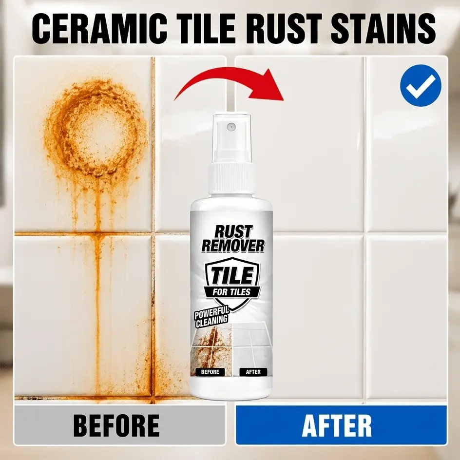 Tile rust remover spray – removes rust stains, yellow discolorations, and deposits on ceramic tiles; suitable for use on bathroom toilets, bathtubs, kitchen sinks, floors, shower walls, and porcelain surfaces.
