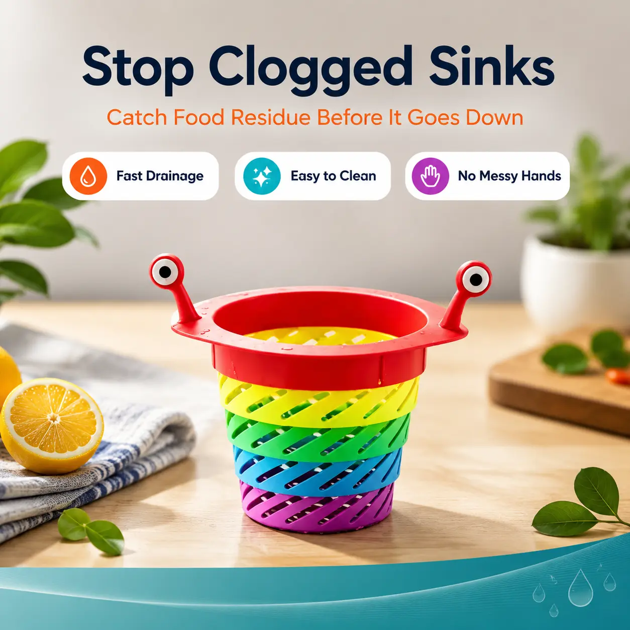 Fun Snail Eye Adjustable Rainbow Sink Strainer for Kitchen Sink, Retractable and Foldable to Prevent Clogs Colorful and Cute Plastic Food Scrap Collector Sink Drain Basket
