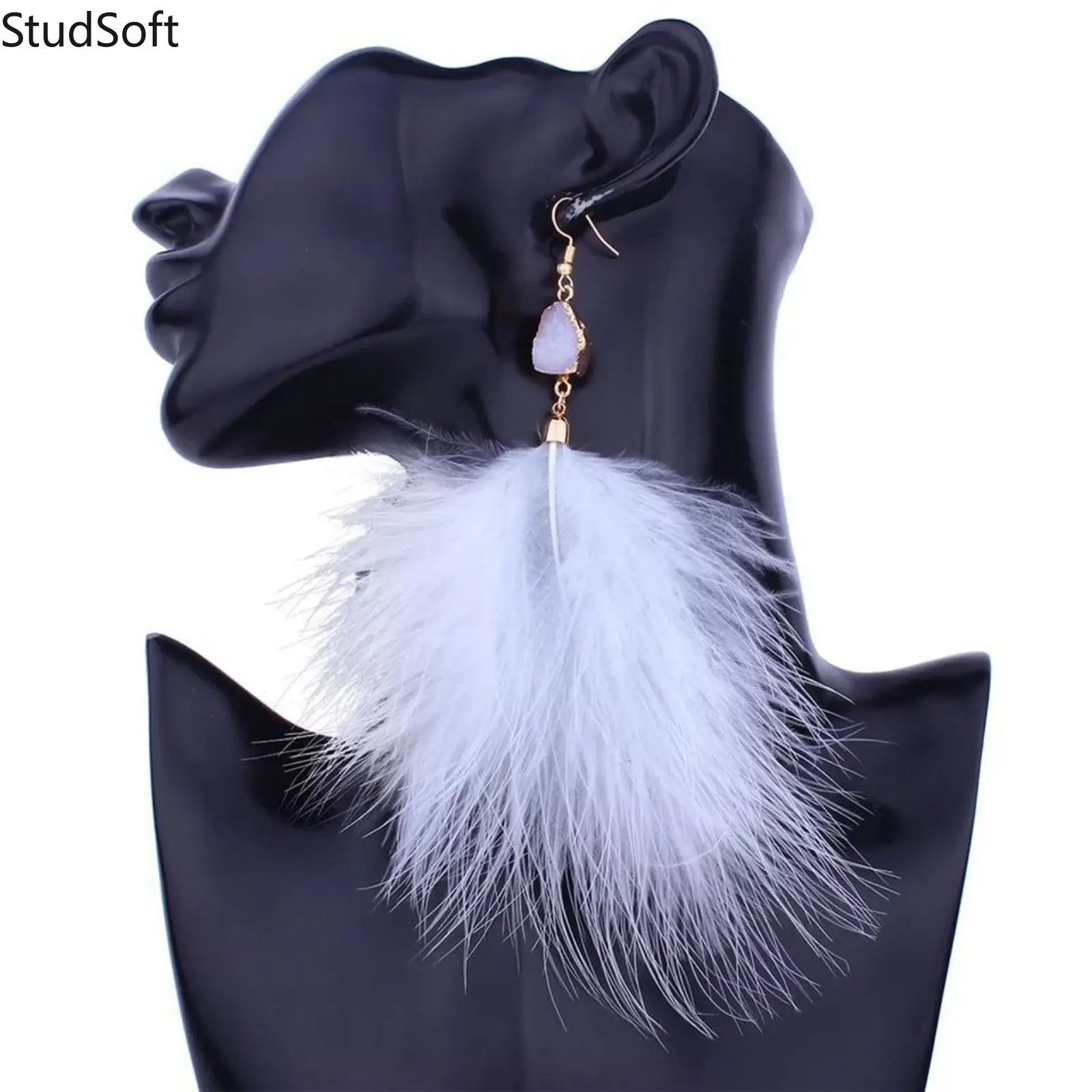 White Feather Drop Earrings for Women, Vintage Bohemian Raw Crystal Dangle, Elegant Fluffy Angel Wing Statement Jewelry for Halloween Cosplay Party