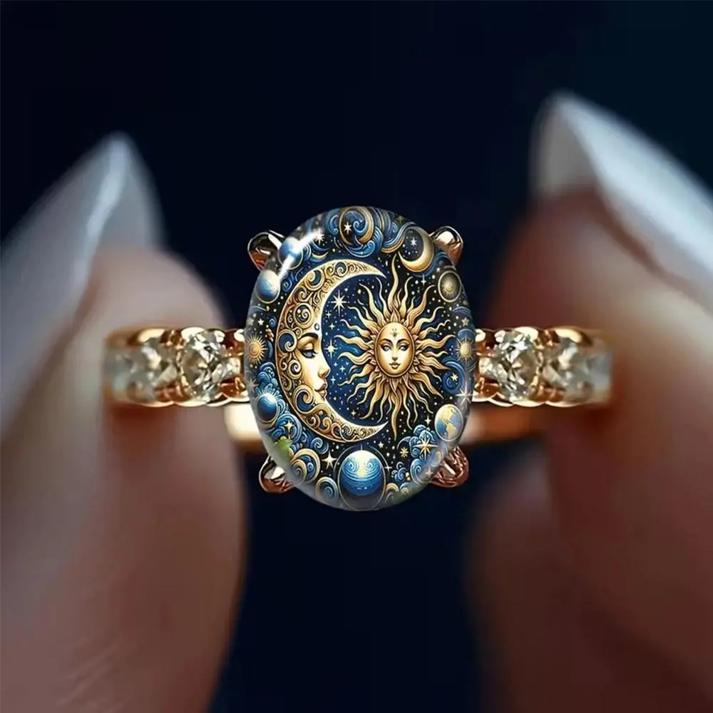 Bohemian Sun Moon Star Print Declaration Ring Oval Glass CZ Inlaid Ring Women's Mysterious Astrology Jewelry Gift