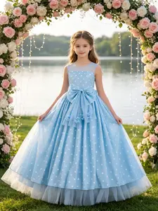 Elegant Formal Long Dress for Girls, Polka Dot Design, Perfect for Weddings, Bridesmaid, Birthday Parties, Photography, Piano Performance