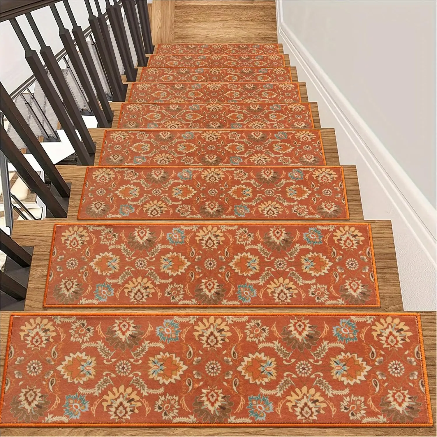 Carpet Stair Treads Non Slip Backing, 15 Pack 8" X 30" Stair Treads for Wooden Steps Indoor, Soft Washable Stairway Stair Runners Oriental Staircase Rugs for Kids Pets Elders(15pc, Orange)