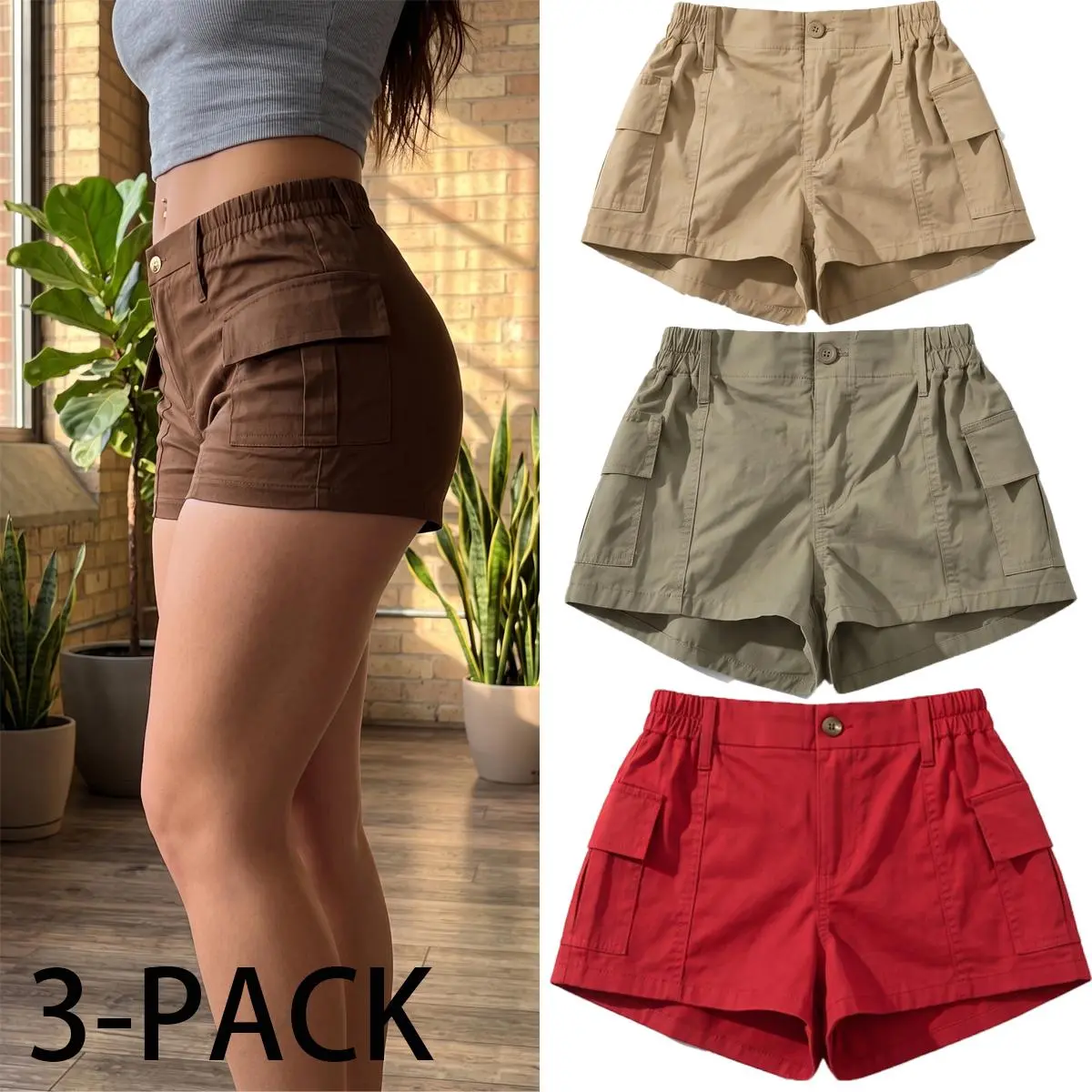 Women’s 3-Pack Cargo Bottoms - Summer High-Waist Comfortable Casual Hot Pants, Semi-Elastic Waist, Side Pockets, Versatile Slimming Style for Sexy Look, Basic, Bottom, Flattering Fit