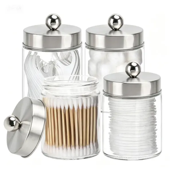 4-Pack 10oz Glass Apothecary Jars with Metal Lids, All-Seasons Bathroom & Kitchen Sliver Storage Set, Reusable Organizer for Cotton Balls, Swabs, Pads & Qtips