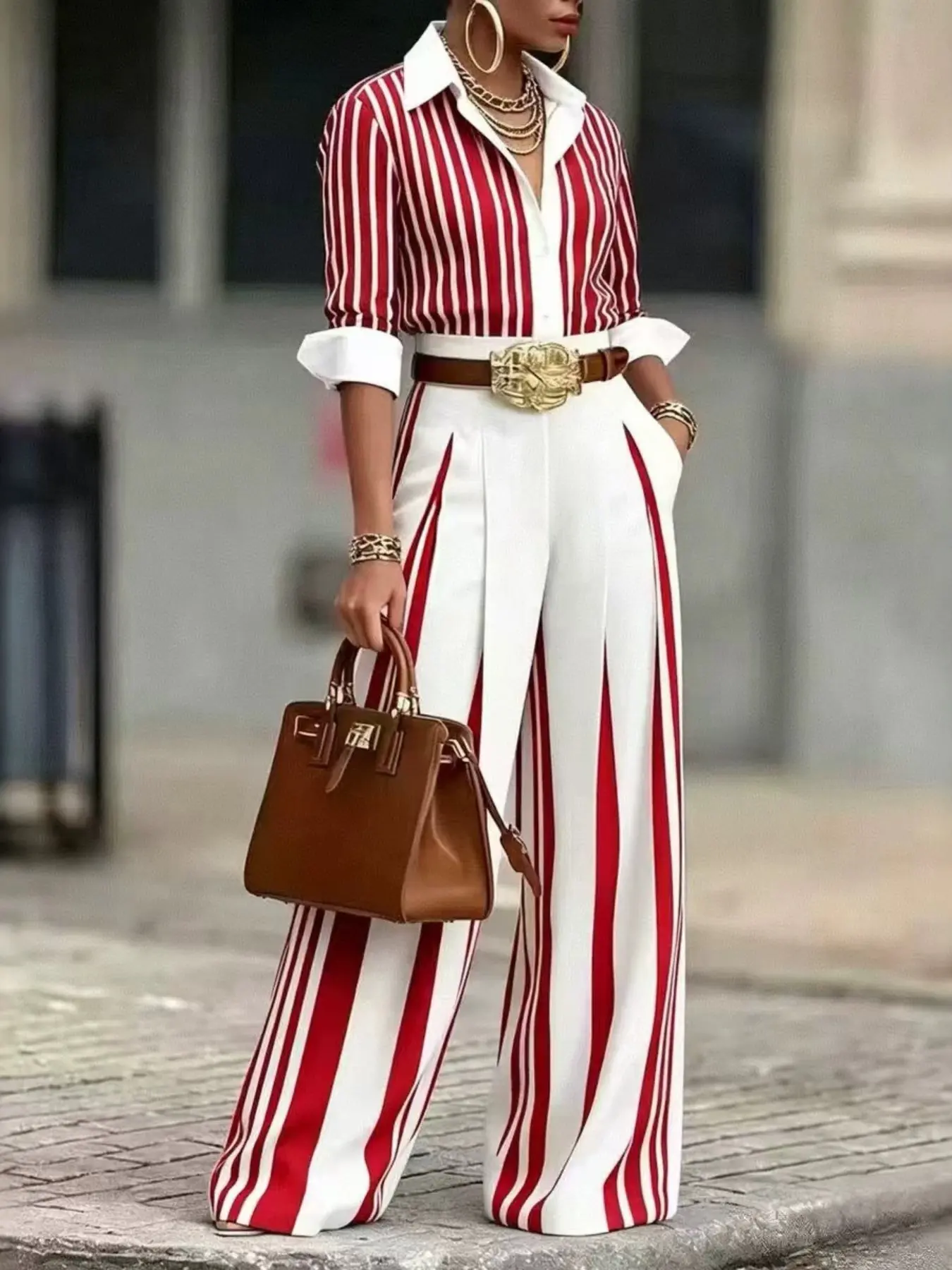 Women’s 2 Piece Striped Outfit Button Down Shirt & Wide Leg Pants Casual Matching Set Long Sleeve Office Work Chic Outfit