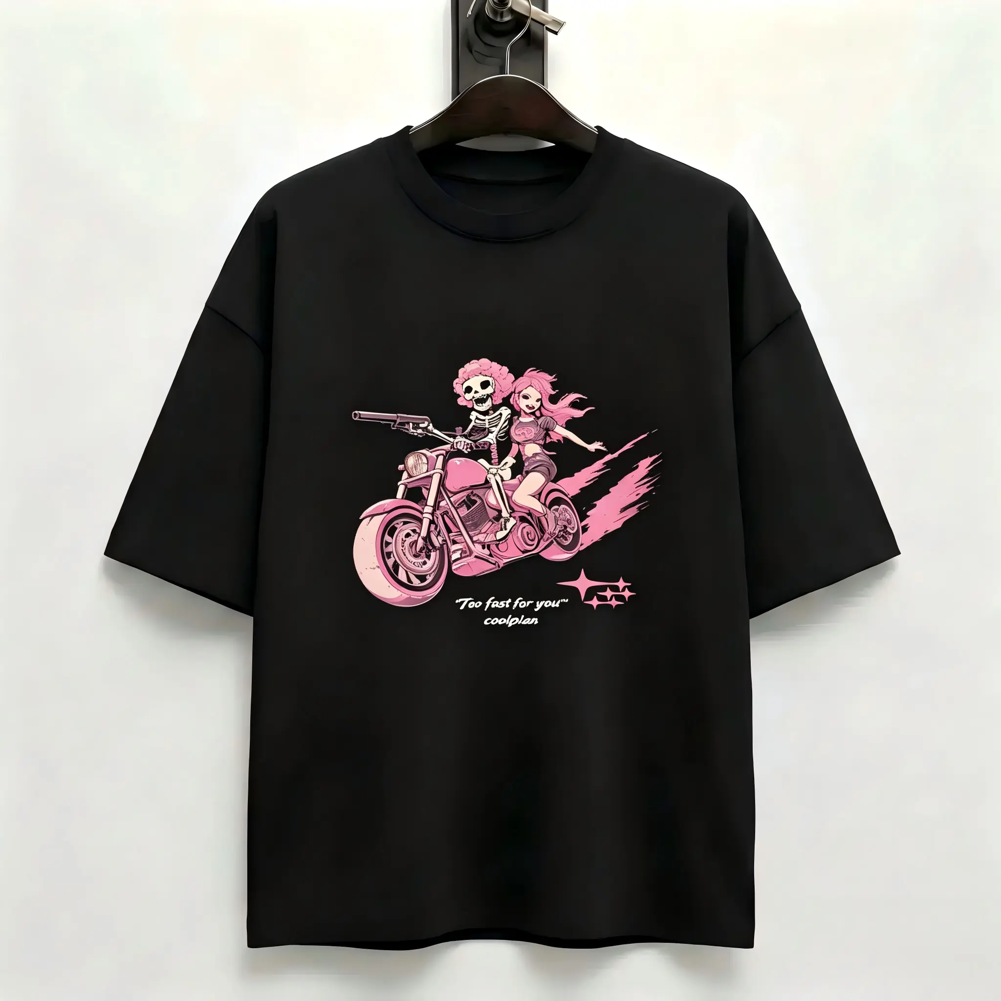 Pink Tone Skeleton & Female Character Riding Retro Motorcycle Speed Brush Graphic Single Front Black Oversized Casual Tee For Biker Meme Fans Edgy Two Figure Bike Top pink biker skeleton tee motorcycle streetwear apparel