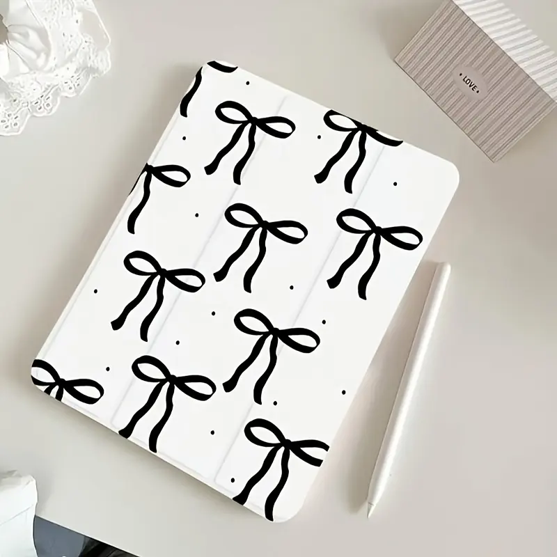 Black White Bow Pattern iPad Cover Magnetic Closure Auto Sleep Wake Foldable Stand TPU Leather Case for All iPad Models 11/13/10.2/10.5 inch 2020-2026 iPad Pro Air Mini Case