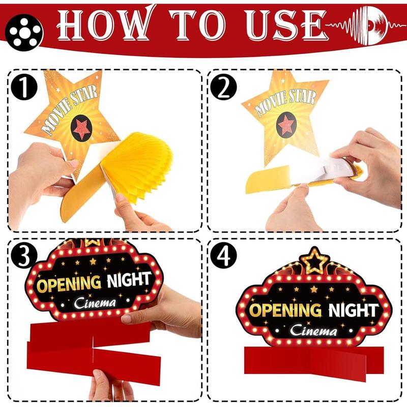 12 Pieces Movie Night Party Decorations Supplies Movie Theater Honeycomb Centerpiece 3D Microphone Ticket Star Video Paper Centerpiece Sign Table Decoration for Theater Birthday Party Favors