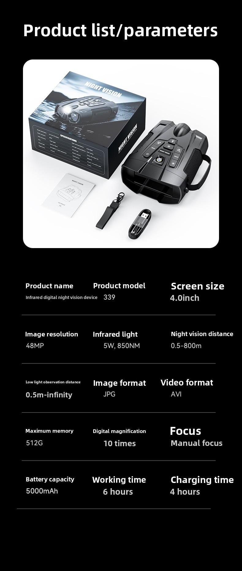 4K Digital Night Vision Binoculars with 800m Range - High Definition Infrared Camera for Camping, Hunting, and Wildlife Observation - Rechargeable