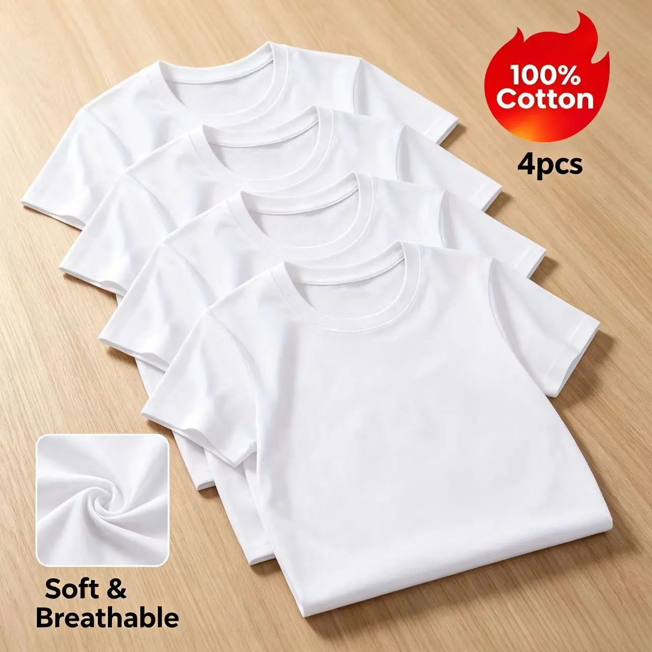 4pcs Kids' 100% Cotton Casual Crew Neck Regular Short Sleeve Solid Tees - Soft Breathable White Tops for Boys & Girls, Spring Summer Attire, Layering Base, Round Neck