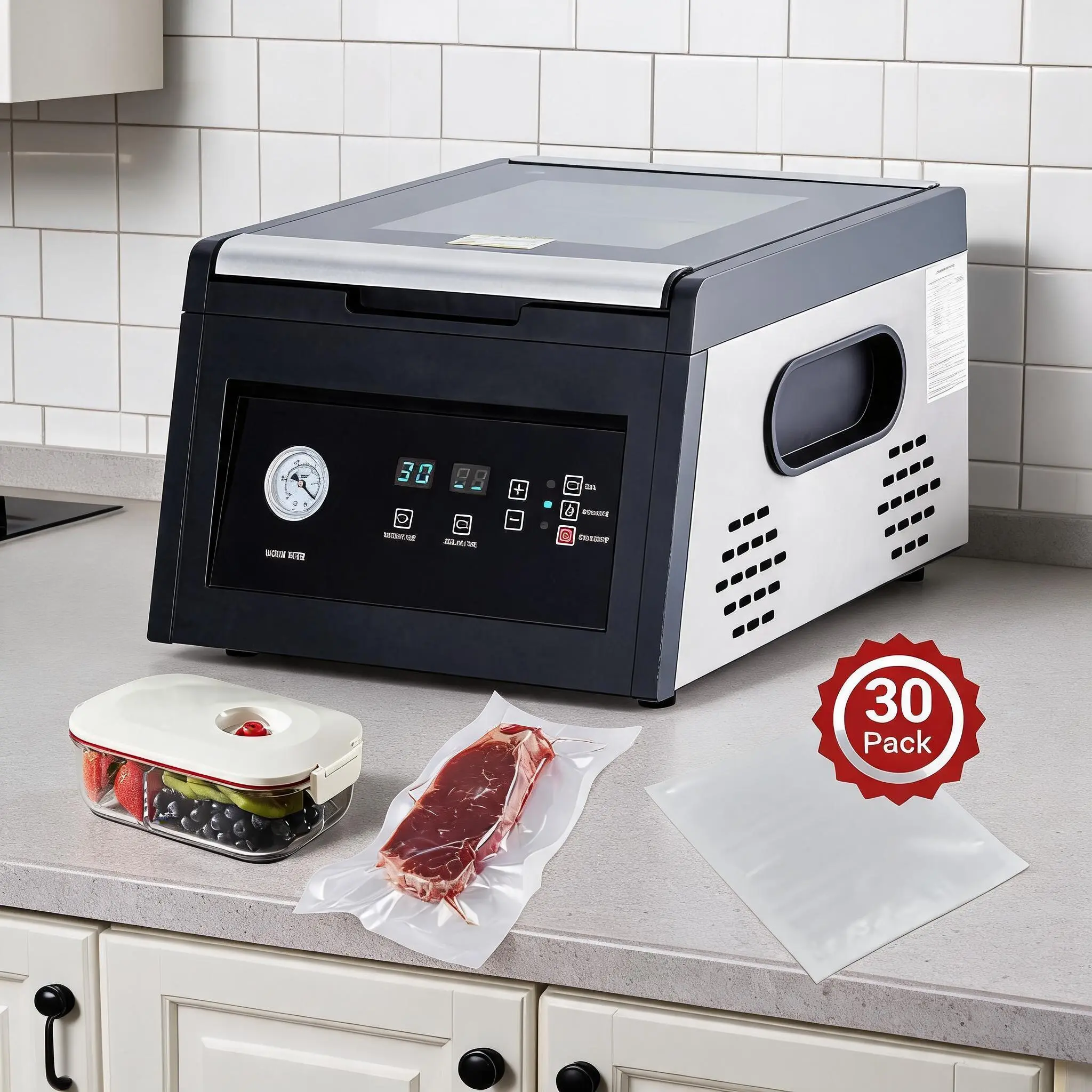 1700W Chamber Vacuum Sealer, Marinade Function & Oil-Free Dry Pump, 11.5" Sealing Length, Liquid-Safe Food Preservation, 30 Bags Included