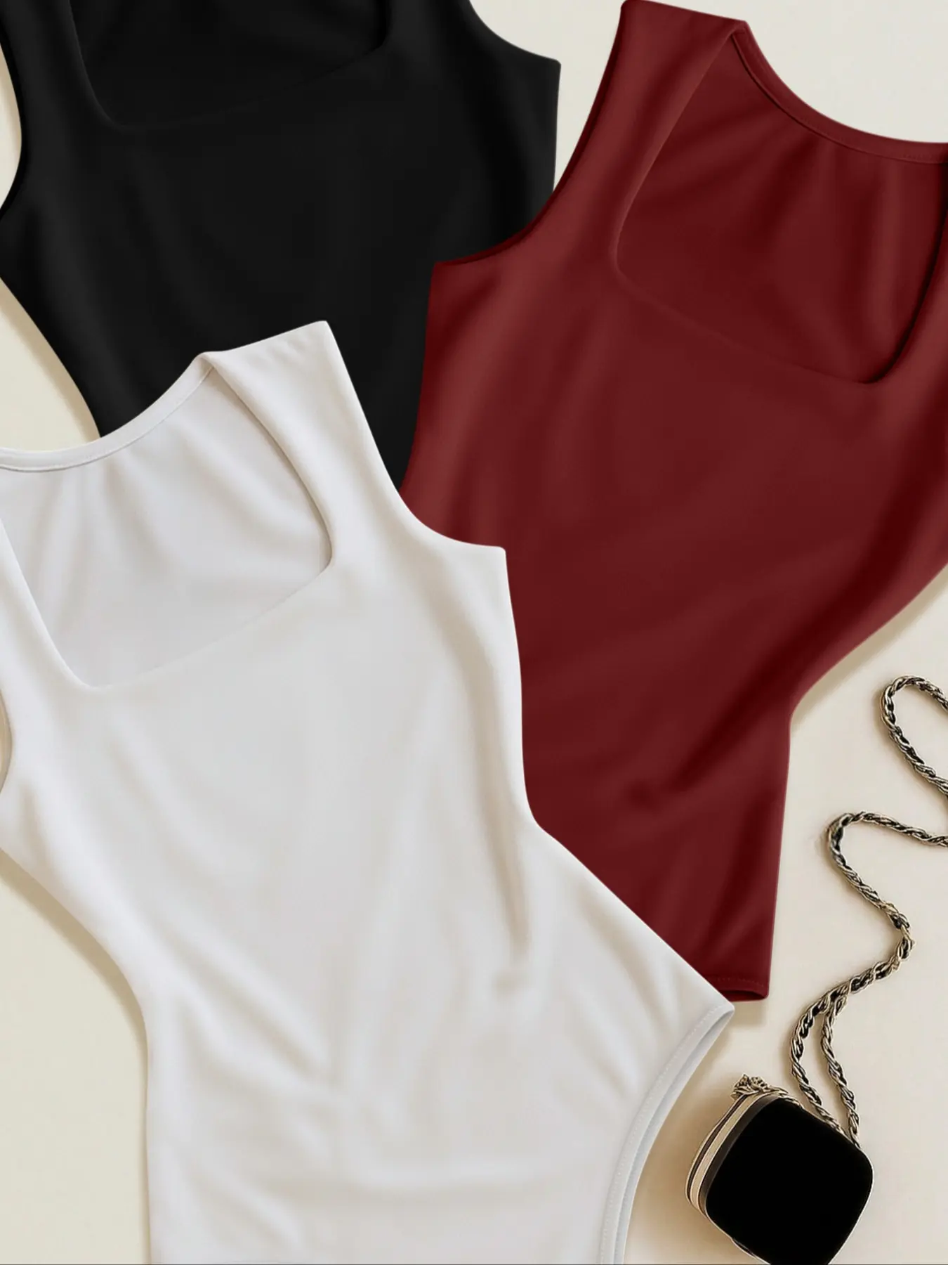 Women's 3-Piece Fashion Comfort Knit Set  New Square Neck Sleeveless Soft Breathable  Versatile Casual Daily Wear  Inner Layer or Outerwear Jumpsuit