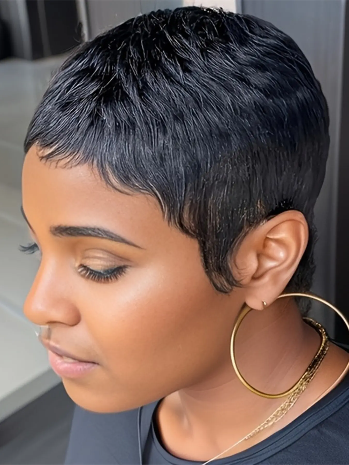 Pixie Cut Human Hair Wig, Machine Made Short Straight Layered Wig, Perfect for Halloween & Holidays Gift Idea