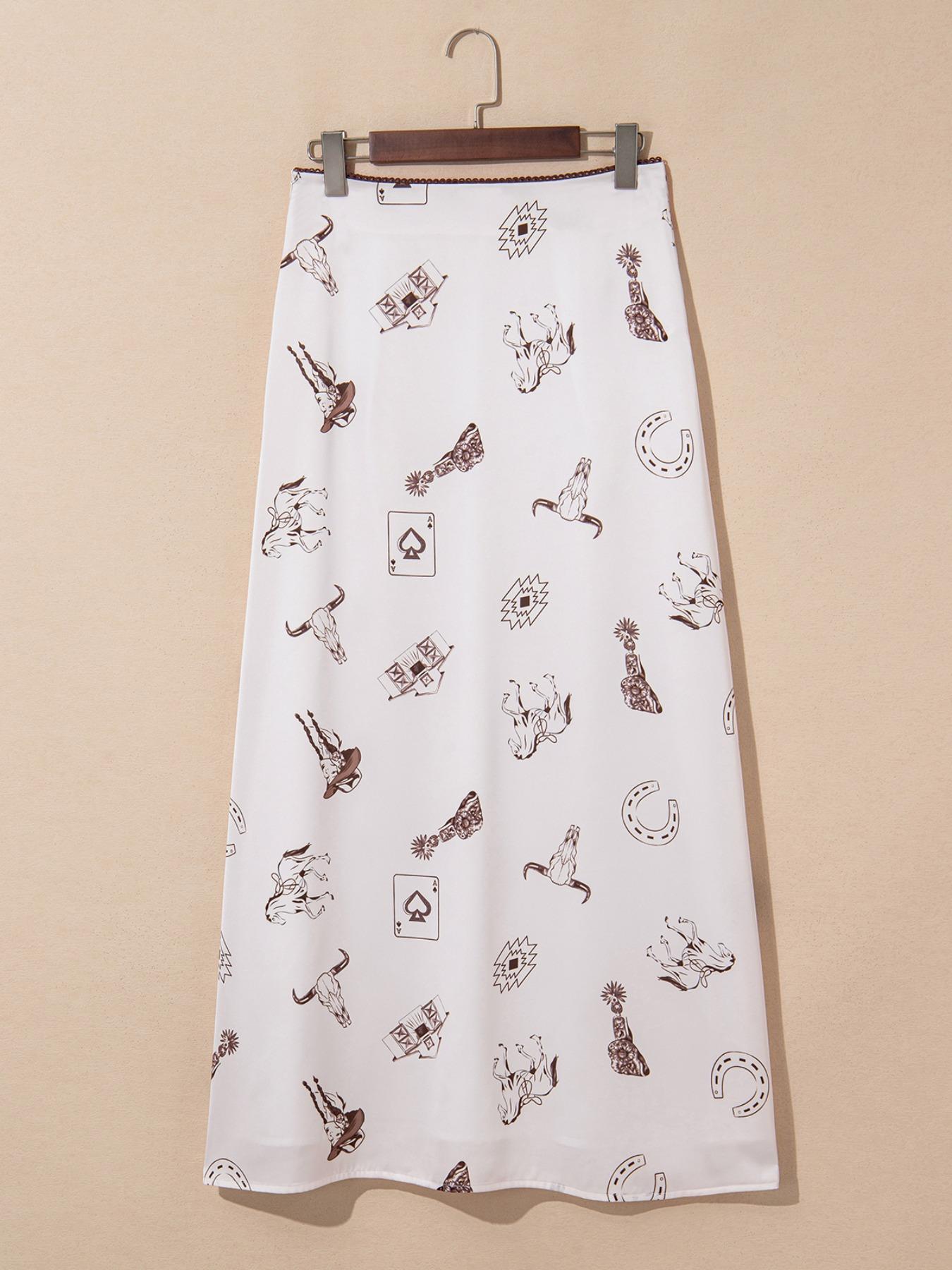 Women's Casual Western Style Satin Long Skirt, High-Waisted Fitted Print Design, All-Season Wearable, Perfect for Vacation & Daily