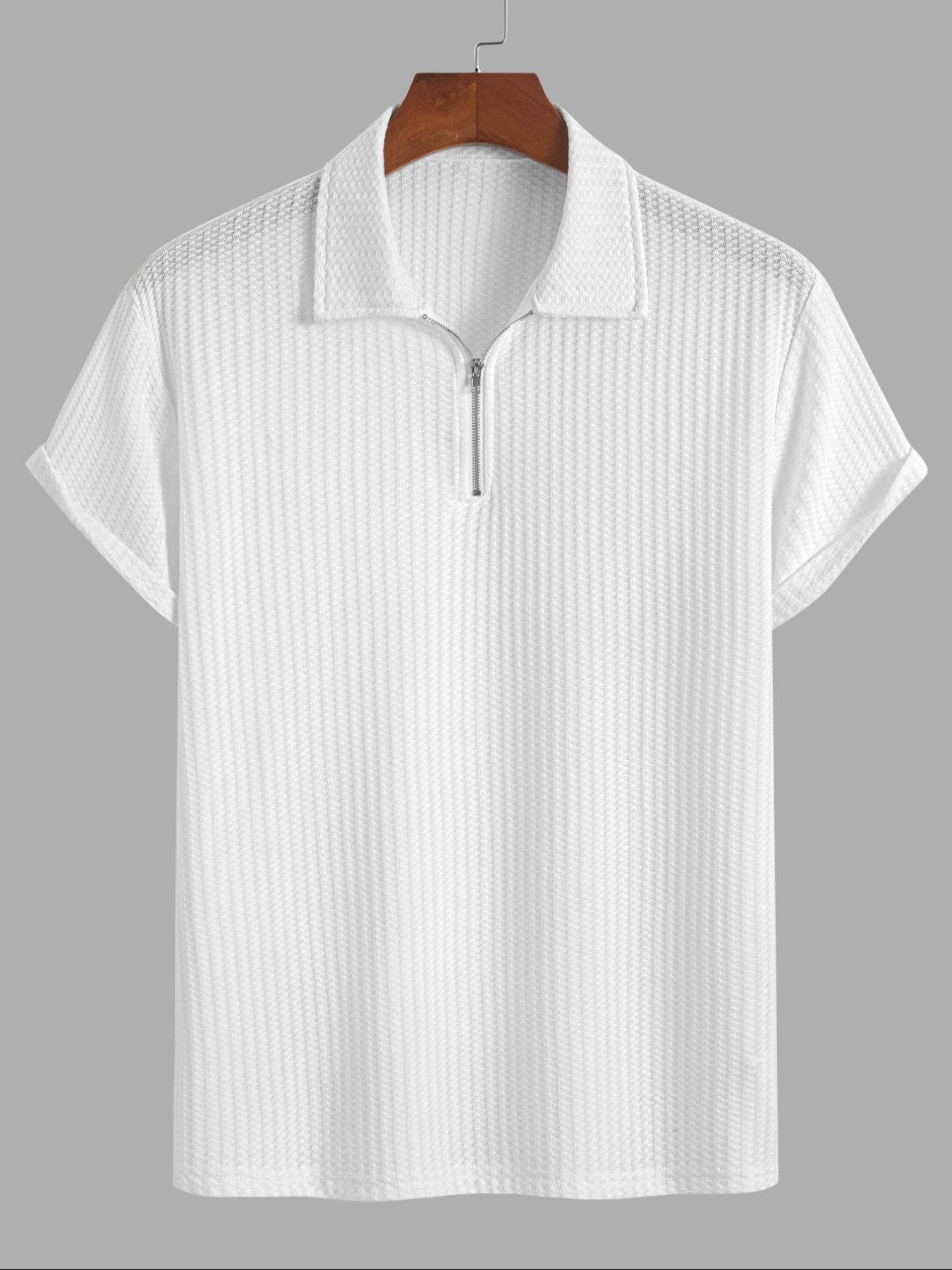 Men's Solid Ribbed Short Sleeve Knitted Polo Shirt, Solid Zipper Polo, Regular Fit Casual Breathable Comfy Top for Summer, Men's Clothes for Daily Wear