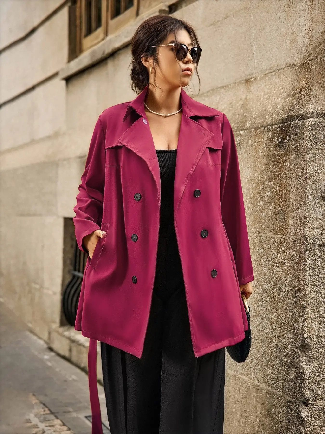 Plus Size Women's Notched Lapel Two-Button Short Windbreaker, Loose Fit, Daily Commute, Travel, Versatile Outerwear Jackets