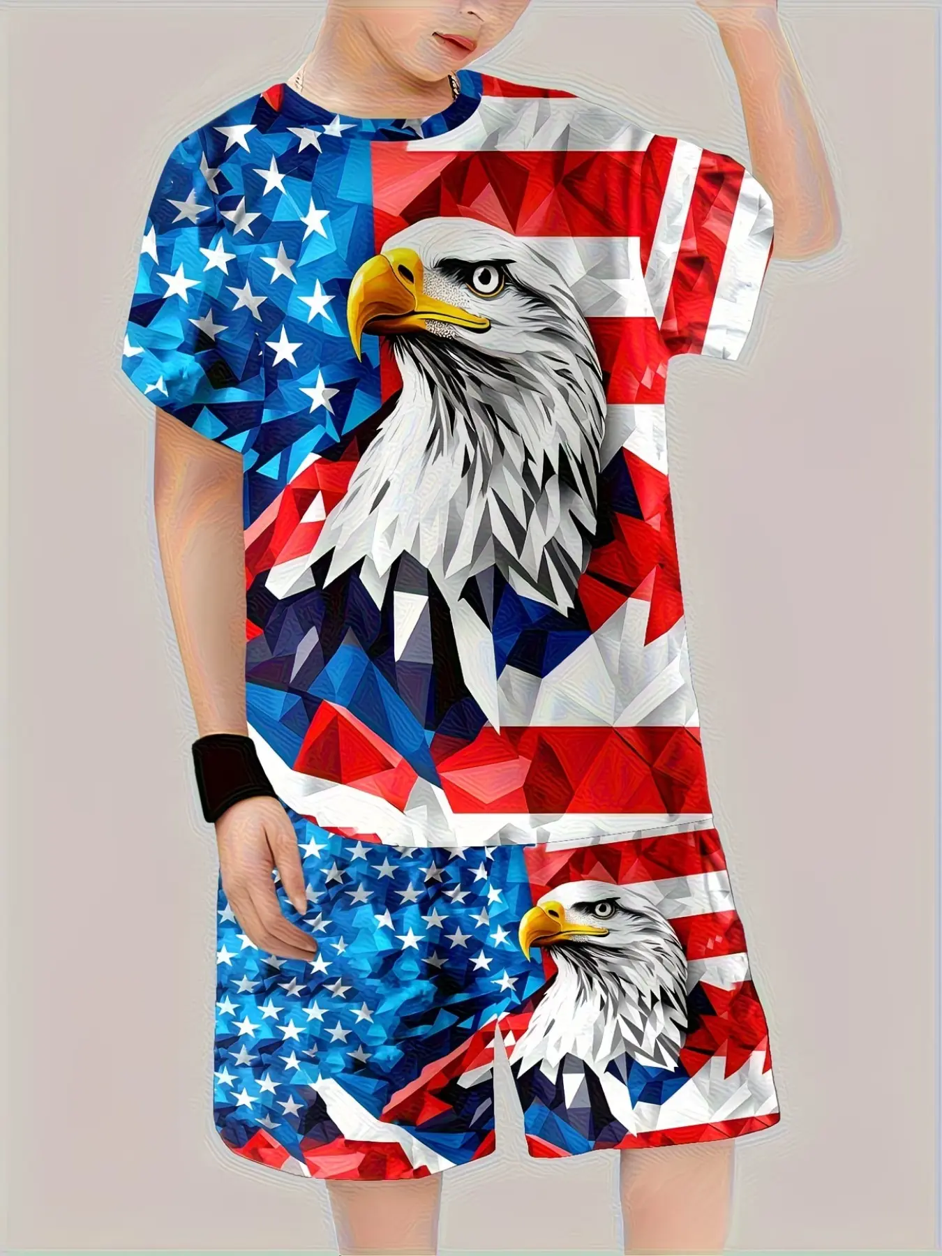 American Flag Eagle Pattern Men's One-Piece Short Sleeve Pajamas, Casual Home Wear Graphic Set, Summer Comfortable Breathable Sleepwear