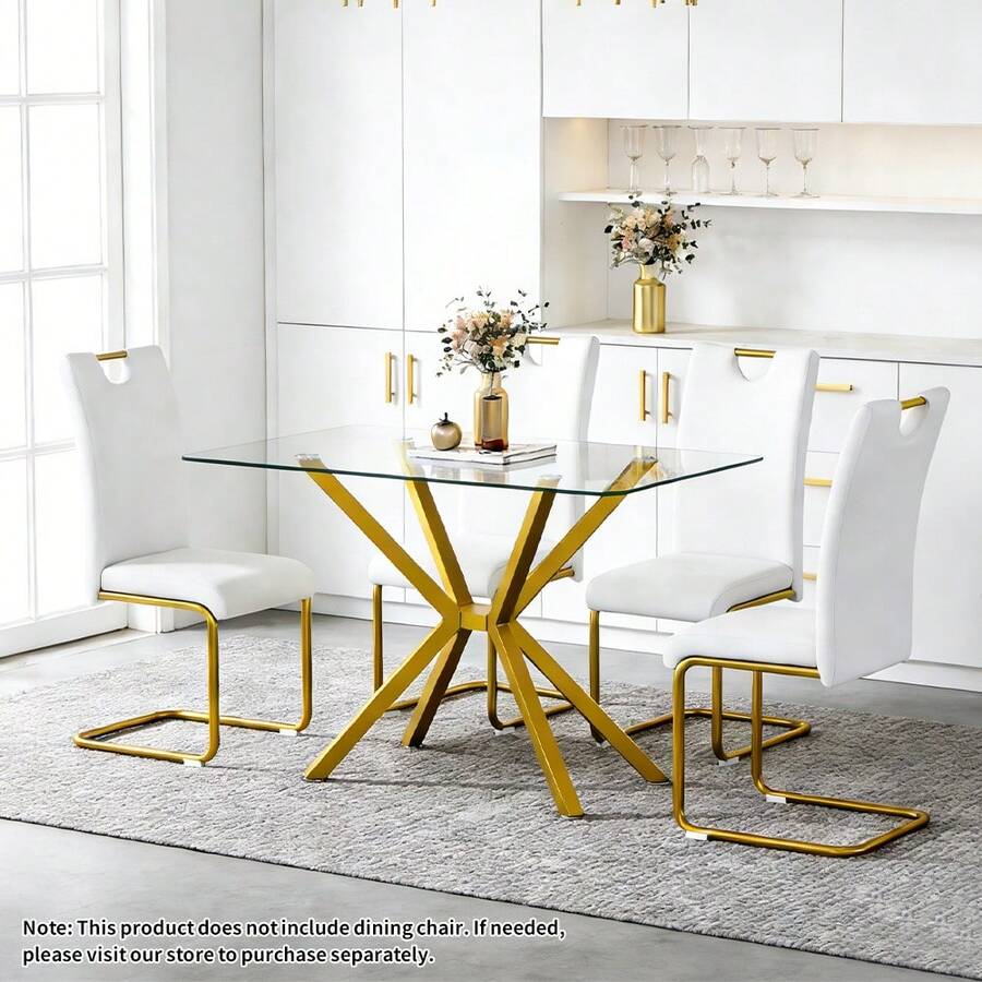 - Gold 47.24" Rectangular Dining Table, Tempered Glass Top & Metal Legs, Modern Style, 47.24"W x 27.56"D x 29.53"H, 220 lbs Capacity, Easy Assembly, Home Kitchen Dining Room Essential