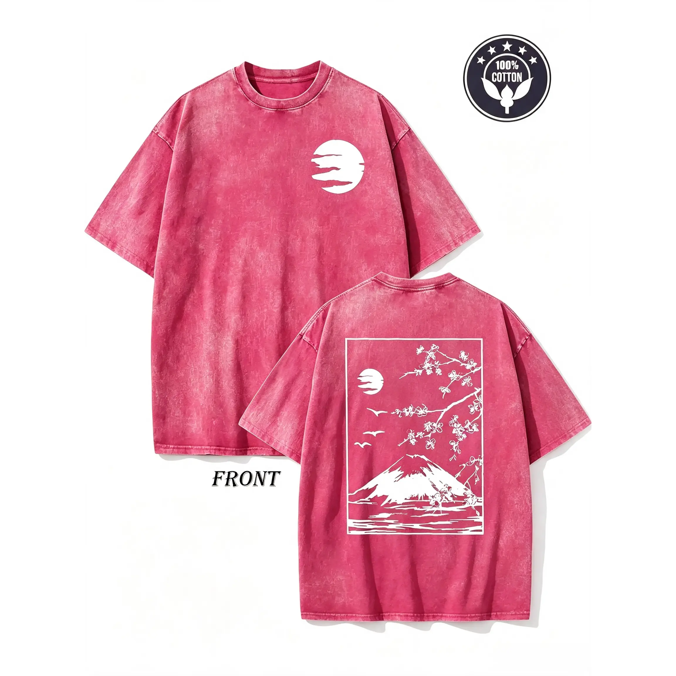 Vintage Japanese Fuji Cherry Blossom Moon Front Back Double Print T-Shirt, Washed Black Oversized Cotton Crewneck Tee, Traditional Oriental Landscape Bird Minimal Streetwear Gift Top For Men Women