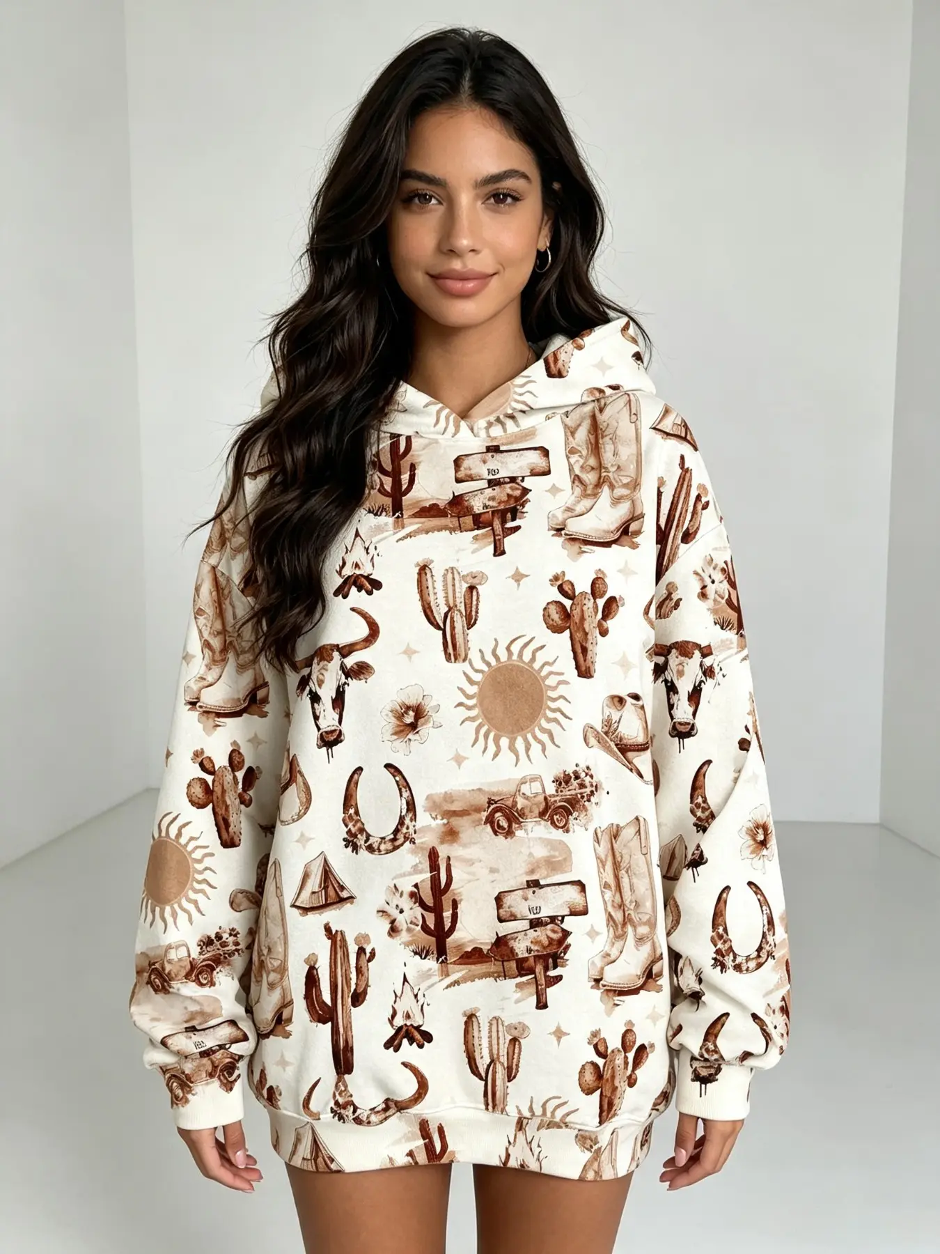 Women's Western Style Hooded Sweatshirt, Watercolor Cactus Bull Head All over Print, Loose-Fitting, Spring & Fall, Back-To-School Top, Casual Print Hoodie