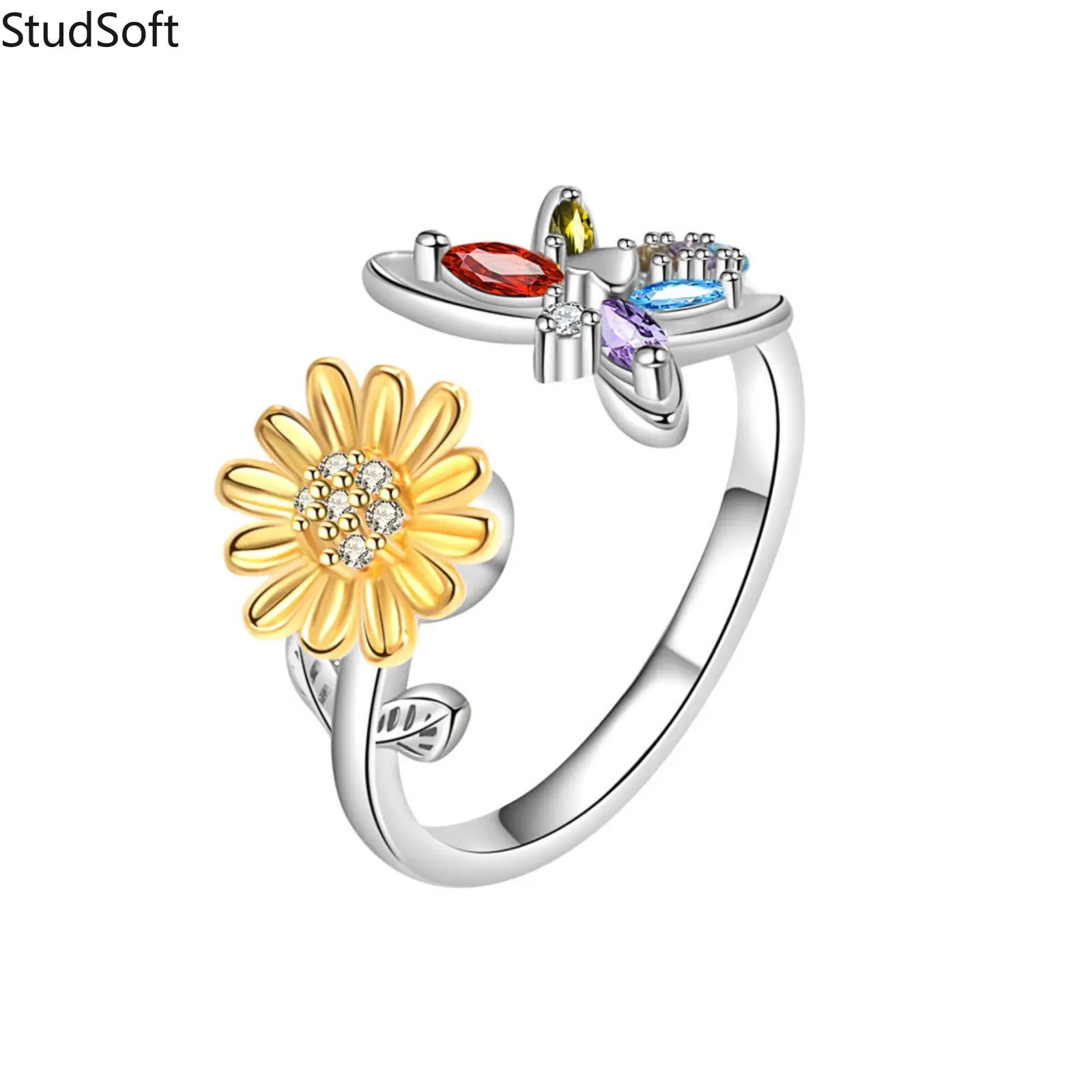 Sunflower Fidget Spinner Ring for Women, 925 Sterling Silver Open Ring, Rotatable Anxiety Stress Reliever, Female, Adjustable Size, Classic, Adults, Open Shape, No, Unisex