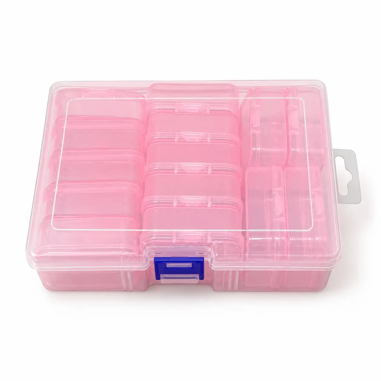 15-Piece Mini Storage Box Set, 1 Large Organizer Case with 14 Individual Hinged-Lid Containers, Portable Organizer for Beads, Jewelry, Nail Art and Craft Supplies, Pink