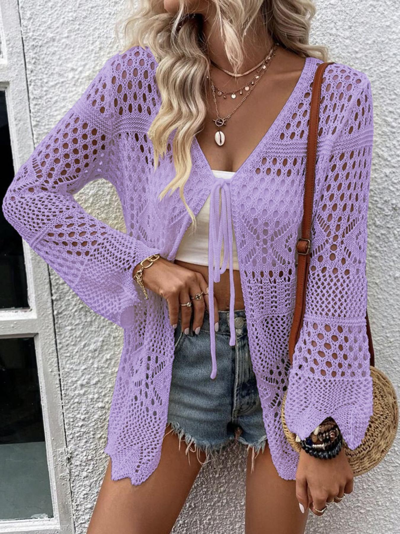 Women's Solid Color Hollow Out Tie Front Crochet Cardigan, Casual Long Sleeve Knitwear for Summer, Fashion Women's Knit Clothing for Daily Wear, Knitting