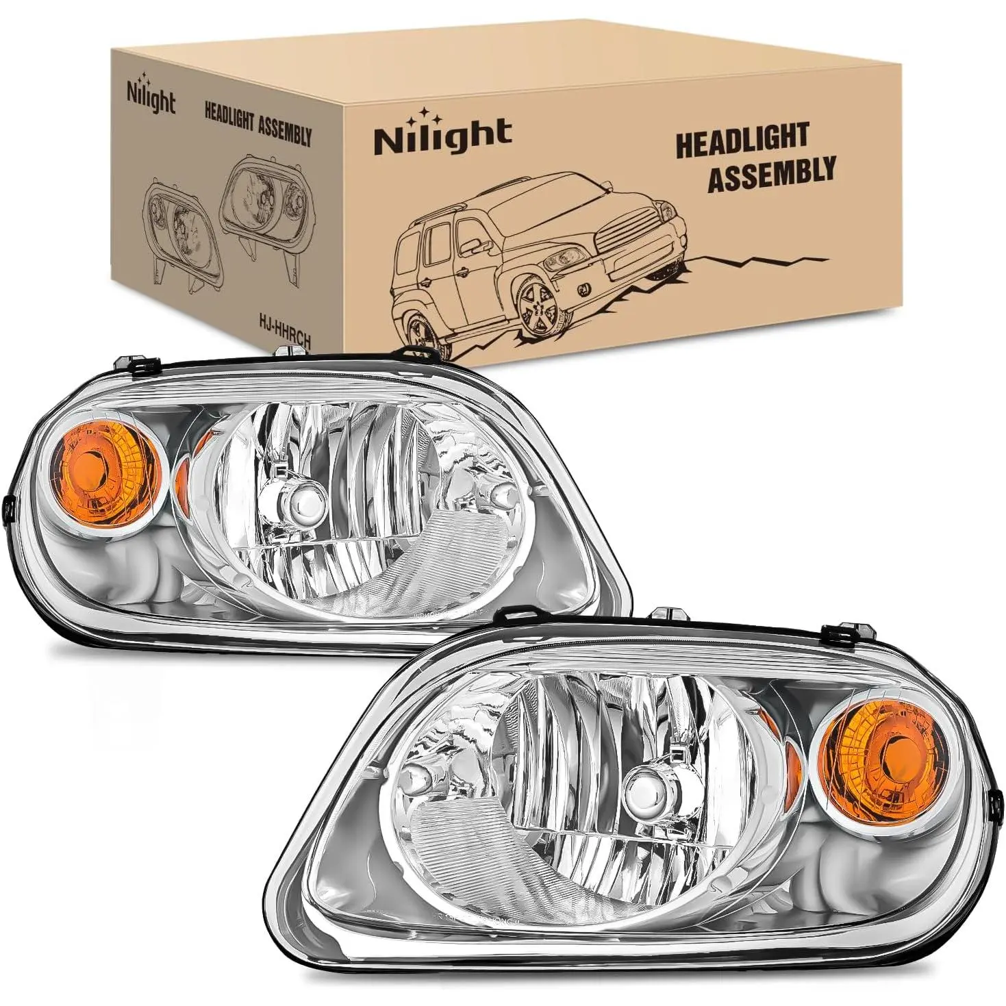 Nilight Halogen Headlight Assembly, Compatible with 2006-2011 Chevy HHR, OE-Style Chrome Housing, Amber Reflectors, Driver & Passenger Side Replacement for Chevrolet HHR