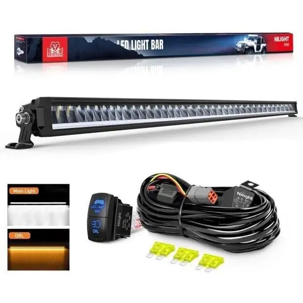 Nilight 12V-24V 210W Ultra-Bright LED Light Bar, 50.5 in Single Row Anti-Glare Spot-Flood-DRL Combo with Amber DRL, IP68 Aluminum Construction, 12 AWG DT Wiring Kit with Fuse for Pickup/SUV Night Driving, Slim Profile, 16950lm, 9-30V Dc, Dual Control Rock