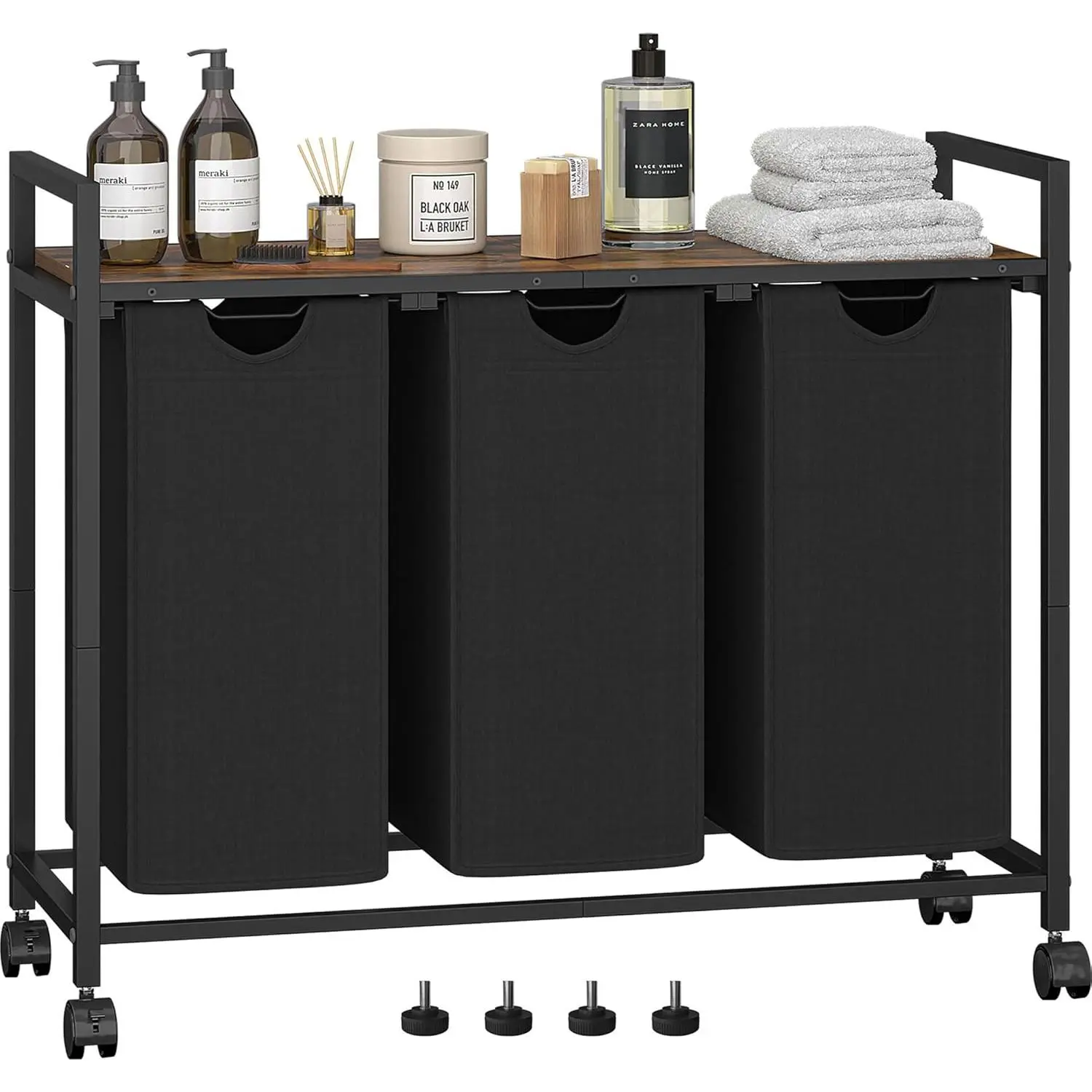 Rustic Brown Modern Freestanding Laundry Hamper Unit - Laundry Baskets with 3 Pull-Out Removable 11.5 Gal (43.4L) Bags, Shelf, Table, Roll-On Wheels for Bathroom, Bedroom