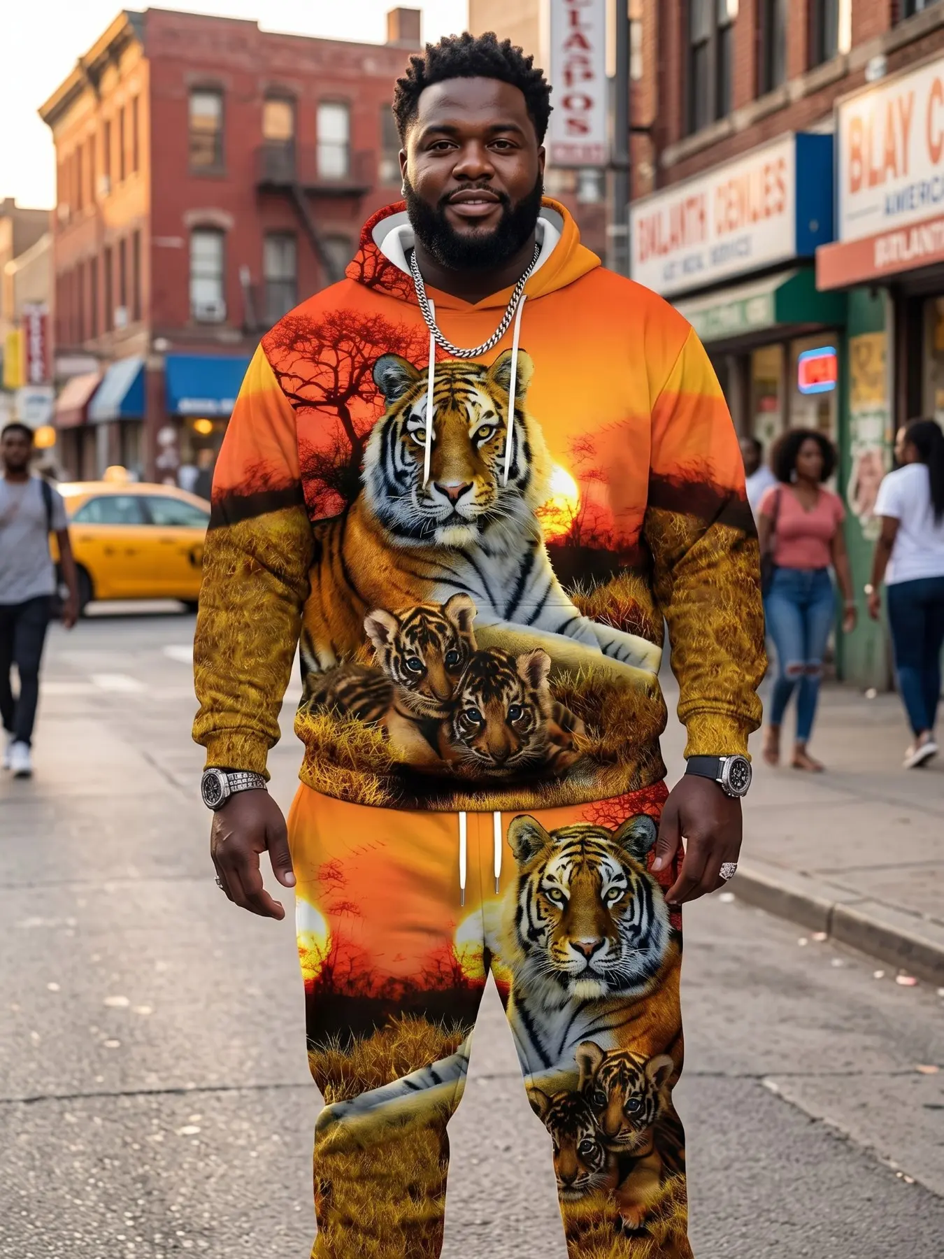 Men's Plus Size 2-Piece Set, Tiger Print Sweatshirt and Pants, Casual Long Sleeve, Slim Fit, All Seasons, Sporty Style